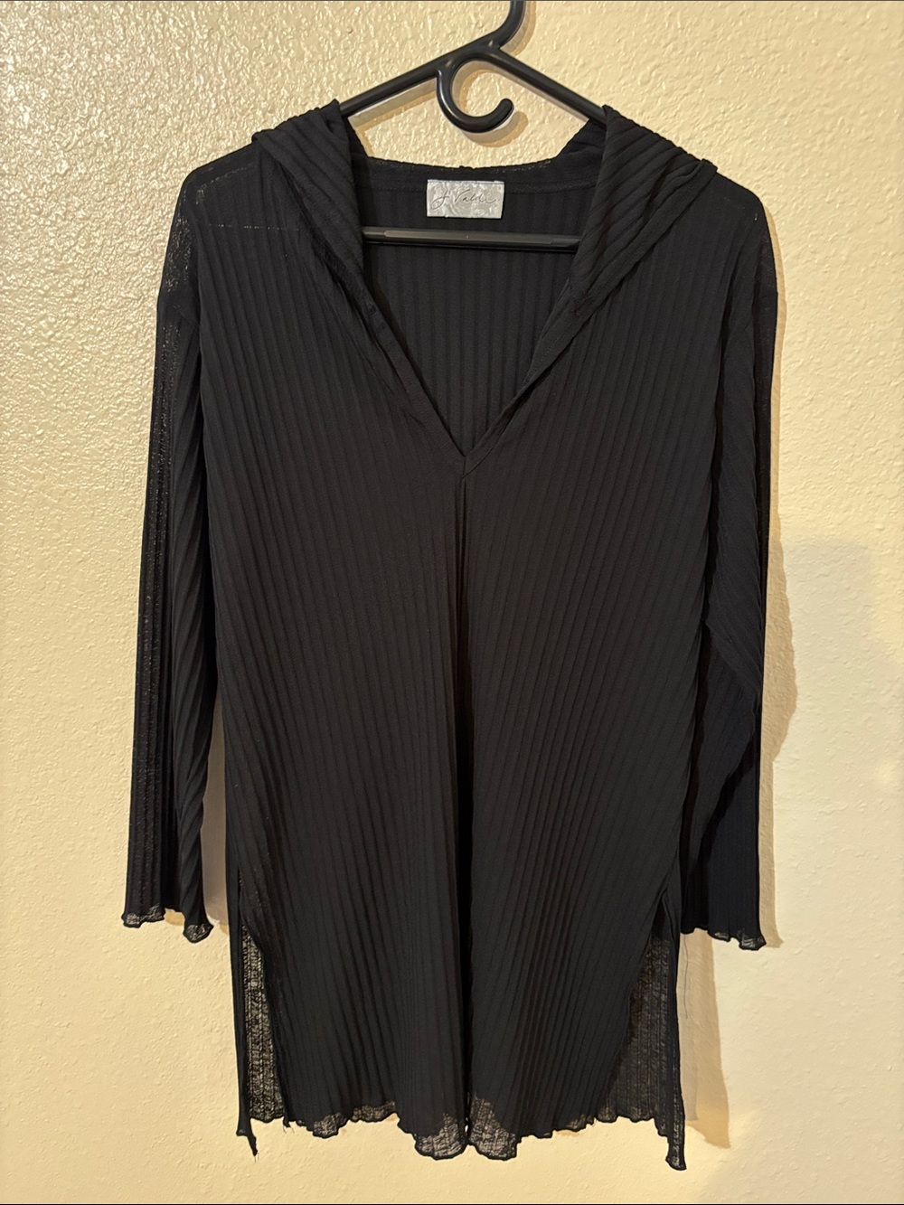 J Valdi Swim suit cover up. Black Ribbed V-Neck Hooded Tunic